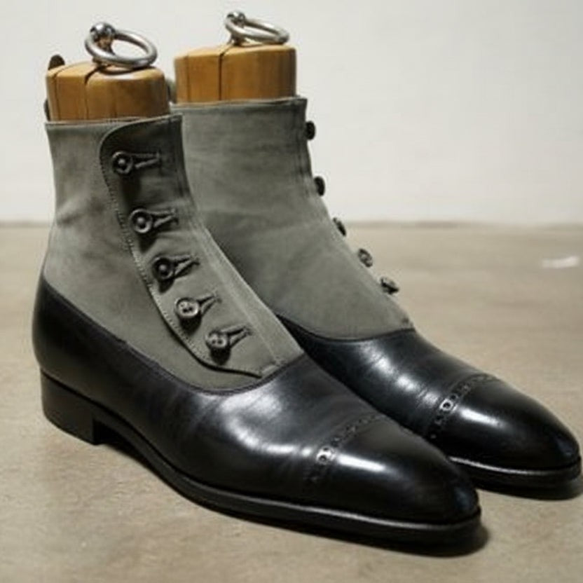 Men's Black and Gray Button Boots, Men Formal Boot, Ankle Leather Boot