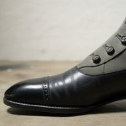 Men's Black and Gray Button Boots, Men Formal Boot, Ankle Leather Boot