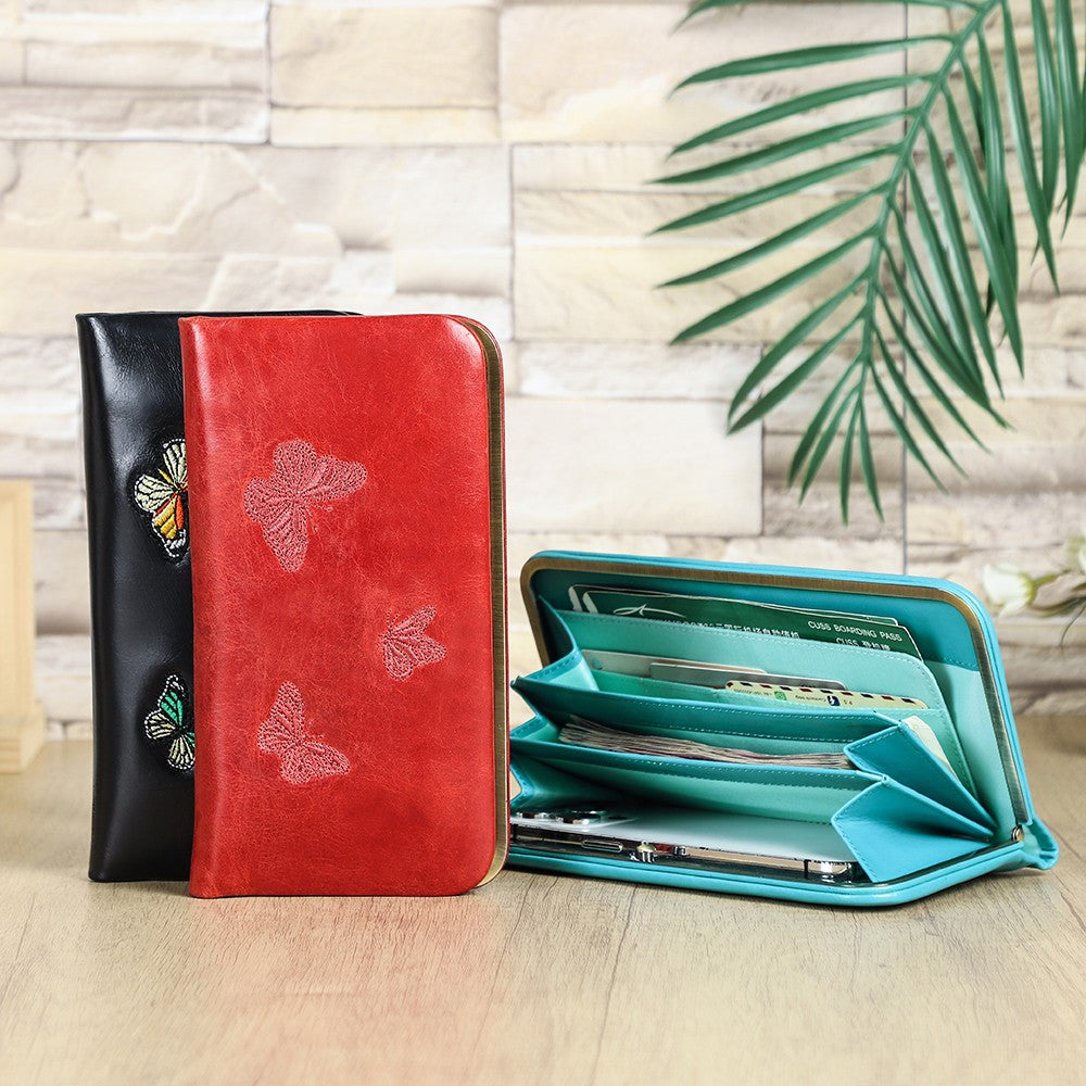 Women's Red Butterfly-Embossed Leather Wallet