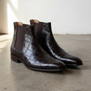 Men Crocodile Boots, Dark Brown Crocodile Texture Boots, Mens Boot