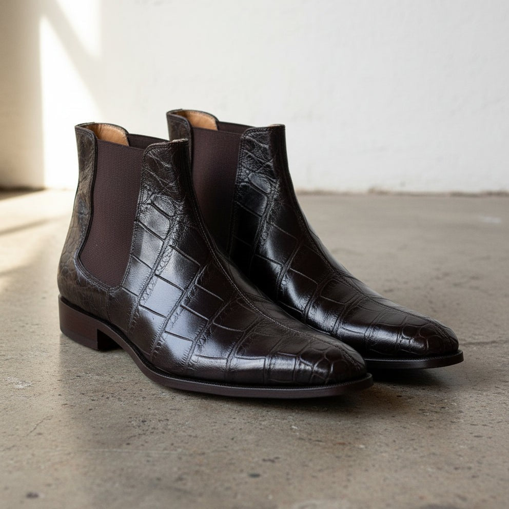 Men Crocodile Boots, Dark Brown Crocodile Texture Boots, Mens Boot