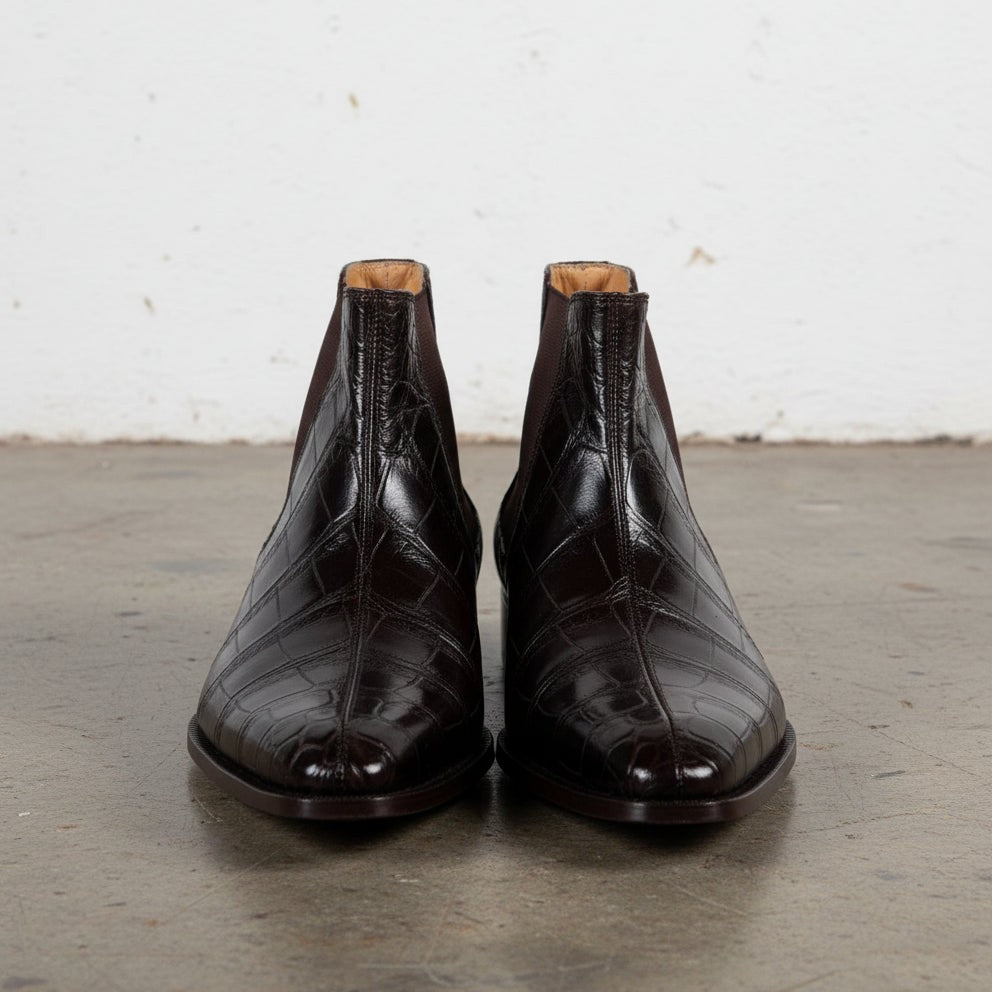 Men Crocodile Boots, Dark Brown Crocodile Texture Boots, Mens Boot