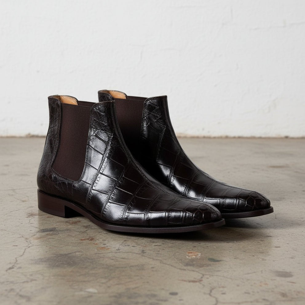 Men Crocodile Boots, Dark Brown Crocodile Texture Boots, Mens Boot