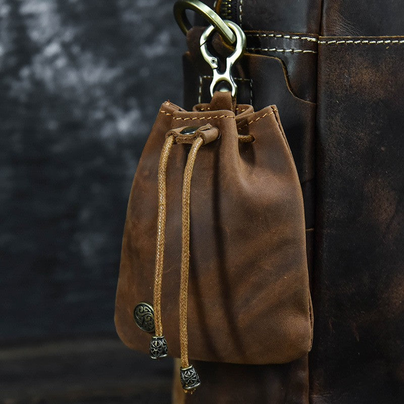 Unisex Distressed Full-Grain Leather Drawstring Coin Pouch