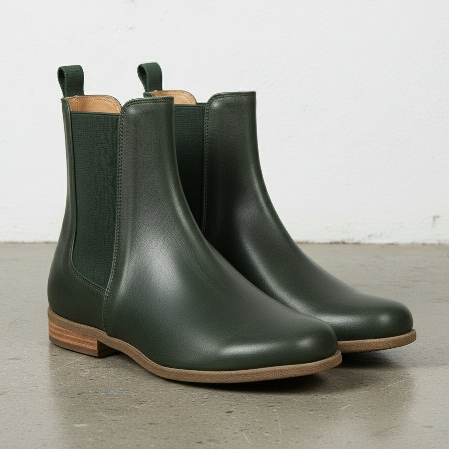 Women's Handmade Dark Green Leather Chelsea Boots