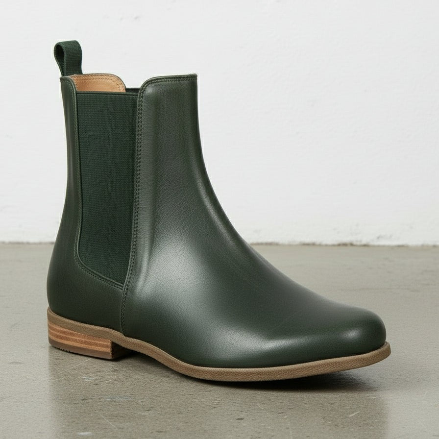 Women's Handmade Dark Green Leather Chelsea Boots