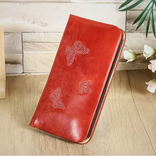 Women's Red Butterfly-Embossed Leather Wallet