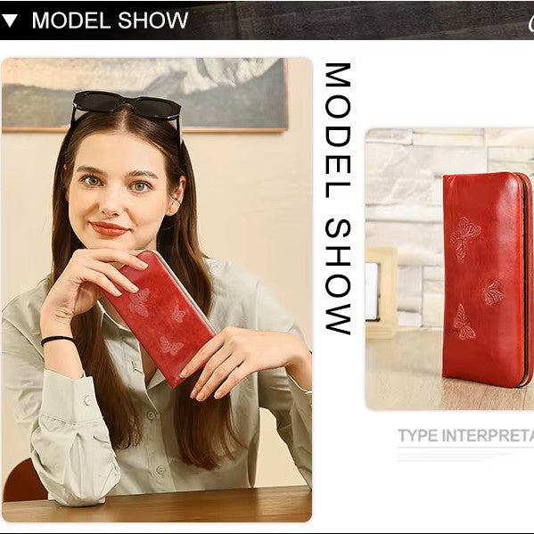 Women's Red Butterfly-Embossed Leather Wallet