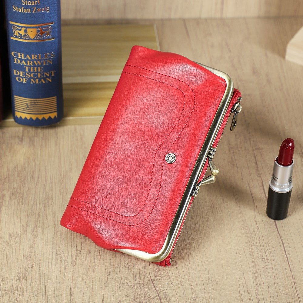 Women's Full Grain Leather RFID Blocking Kiss-Lock Frame Wallet