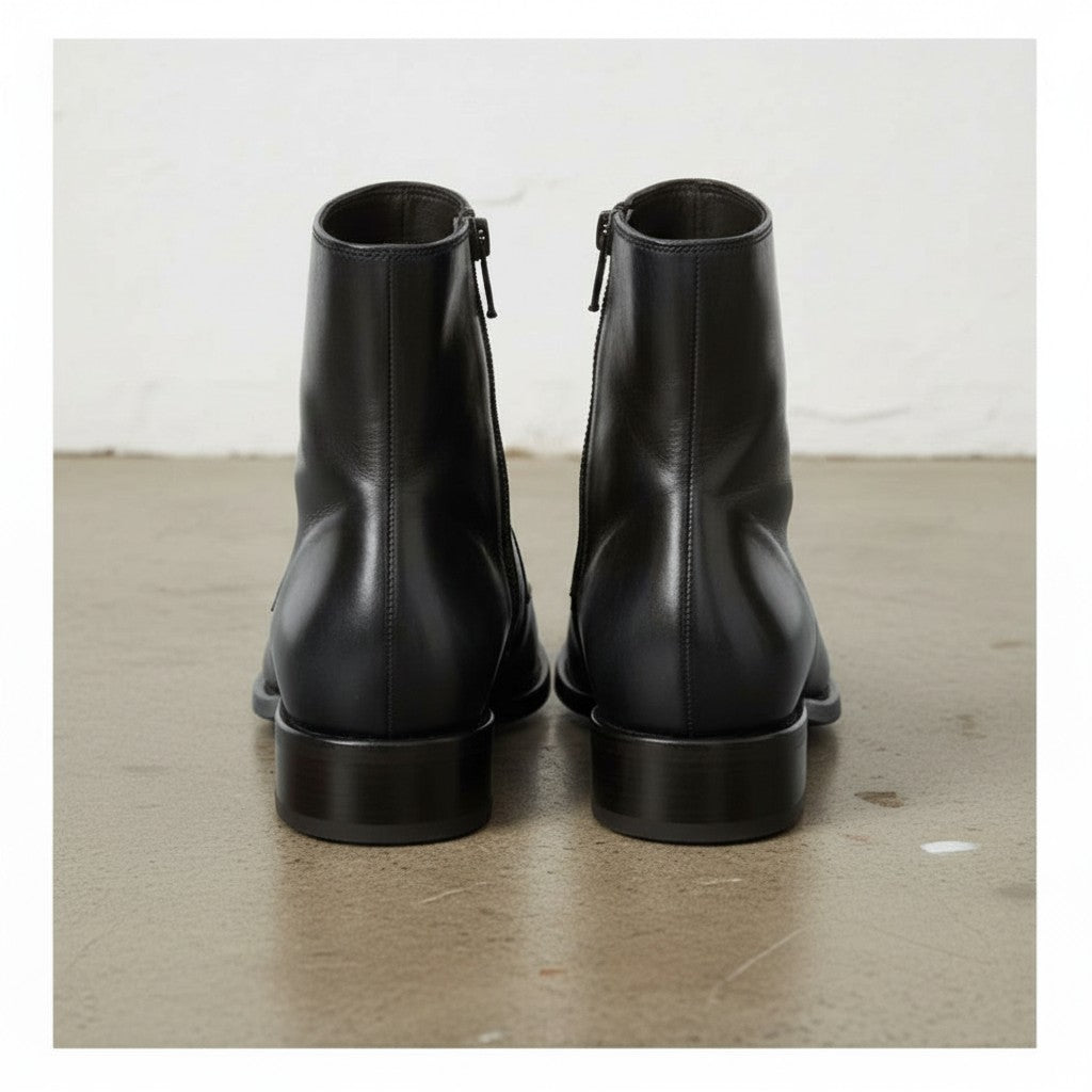 Men's Black Apron-Toe Leather Boots