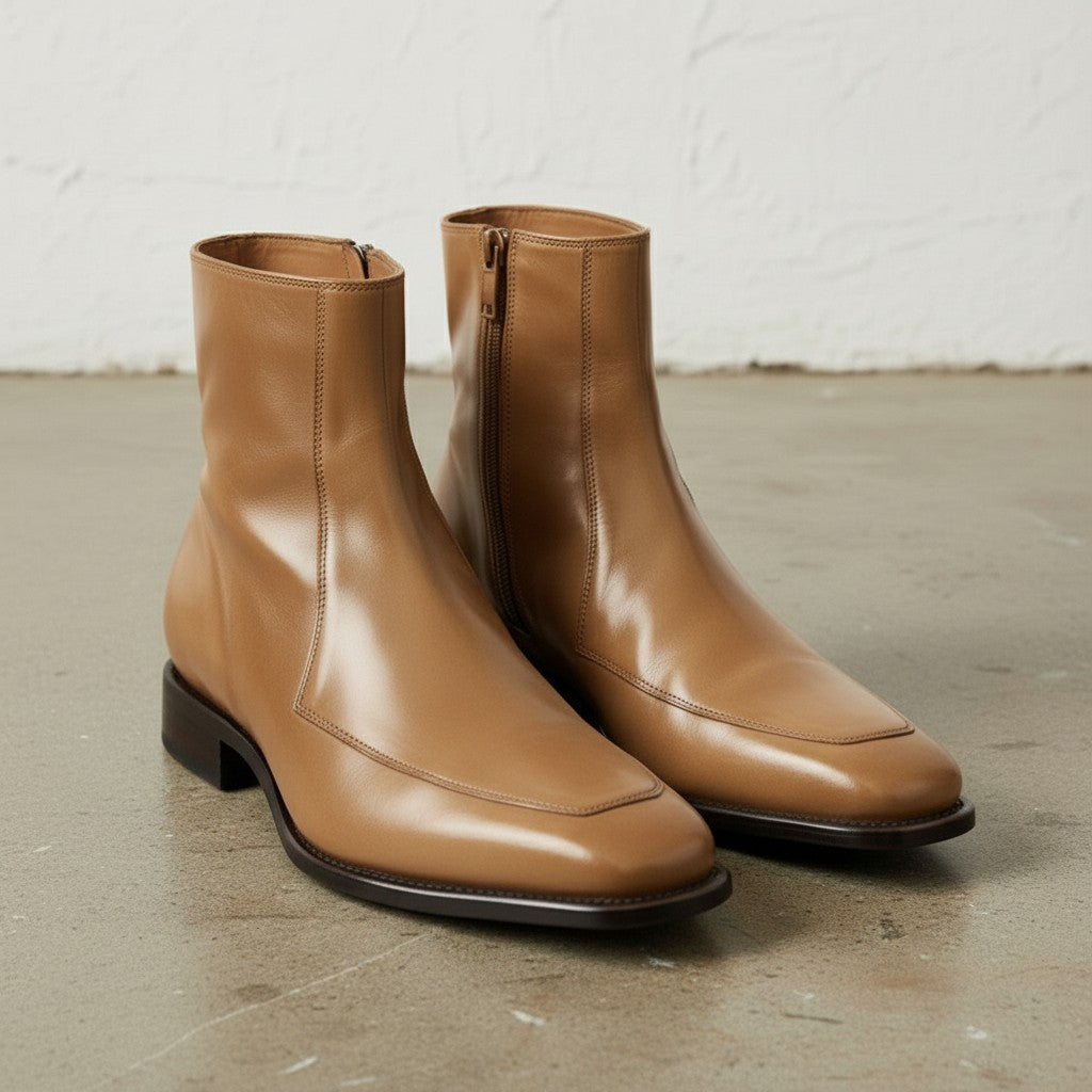 Men's Tan Apron-Toe Leather Boots