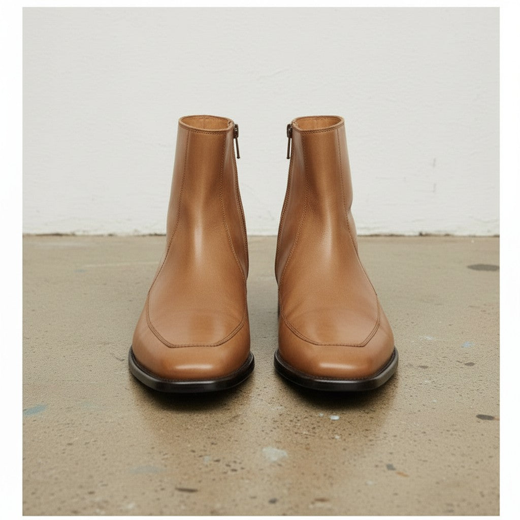 Men's Tan Apron-Toe Leather Boots