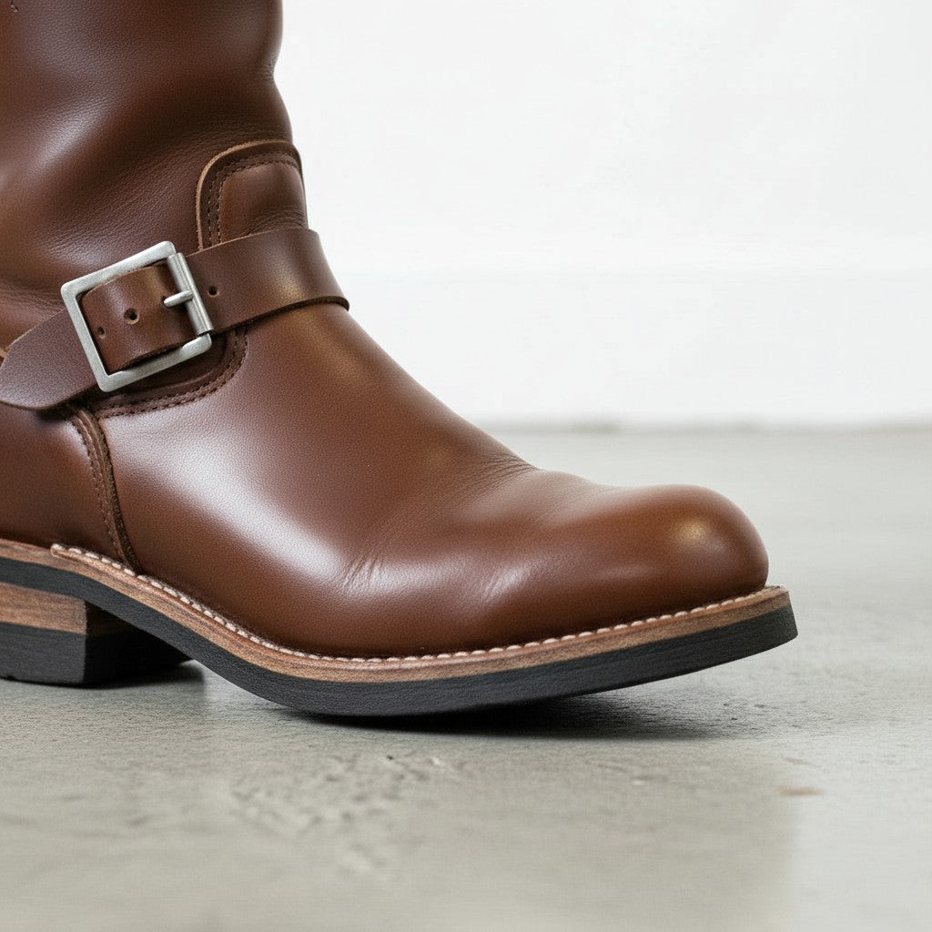 Men's Brown Plain-Toe Leather Biker Boots