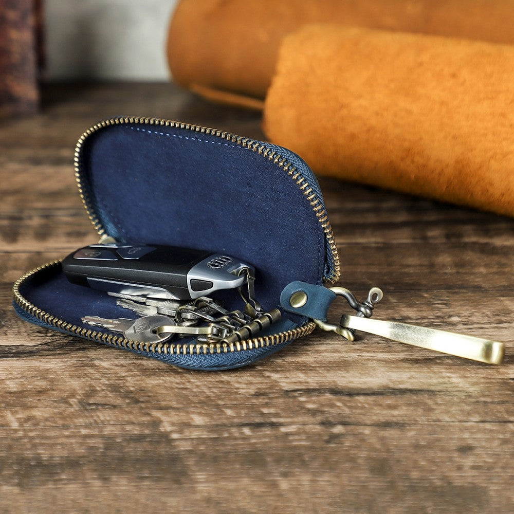 Men's Full-Grain Leather Key Wallet - Retro Zippered Car Key Organizer Case