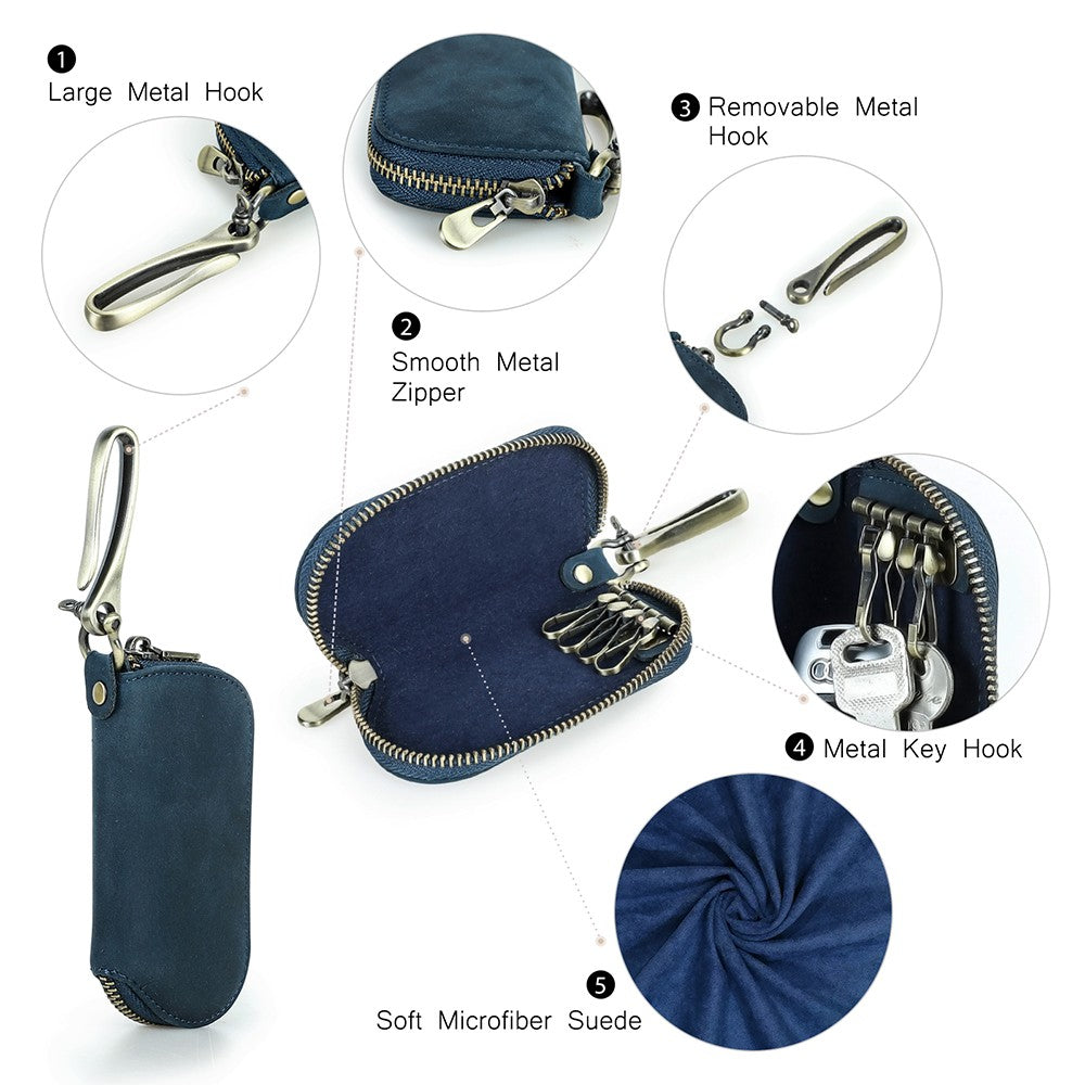 Men's Full-Grain Leather Key Wallet - Retro Zippered Car Key Organizer Case