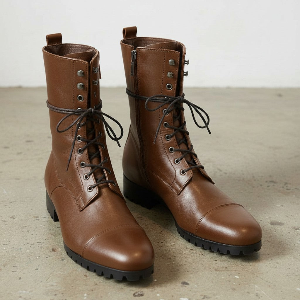 Men's Brown Cap-Toe Leather Knee-High Lace-Up Boots