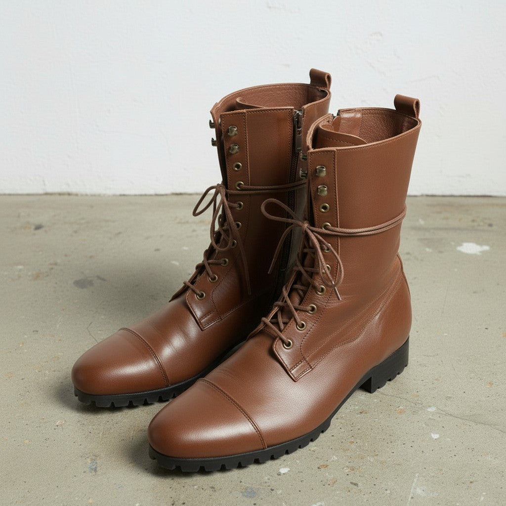 Men's Brown Cap-Toe Leather Knee-High Lace-Up Boots