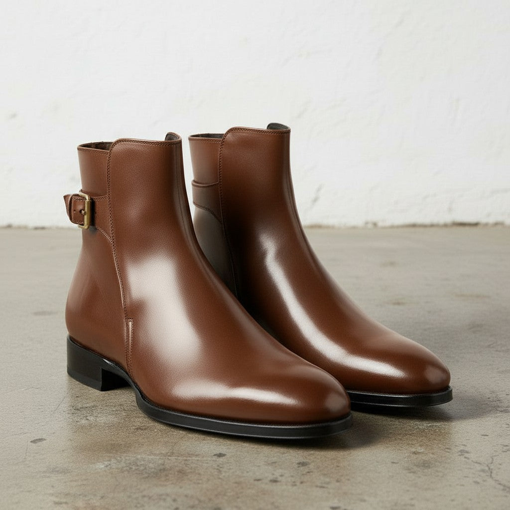 Handmade Men's Brown Leather Ankle High Boots