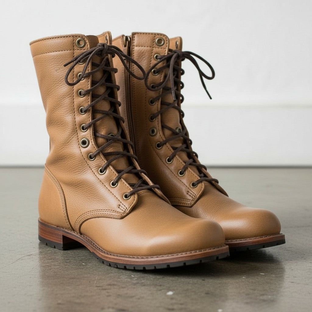 Men's Tan Plain-Toe Leather Combat Boots