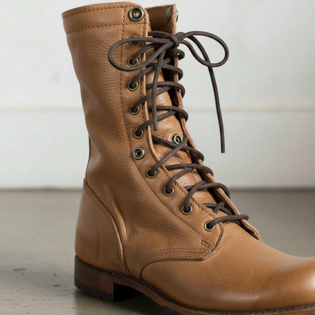 Men's Tan Plain-Toe Leather Combat Boots
