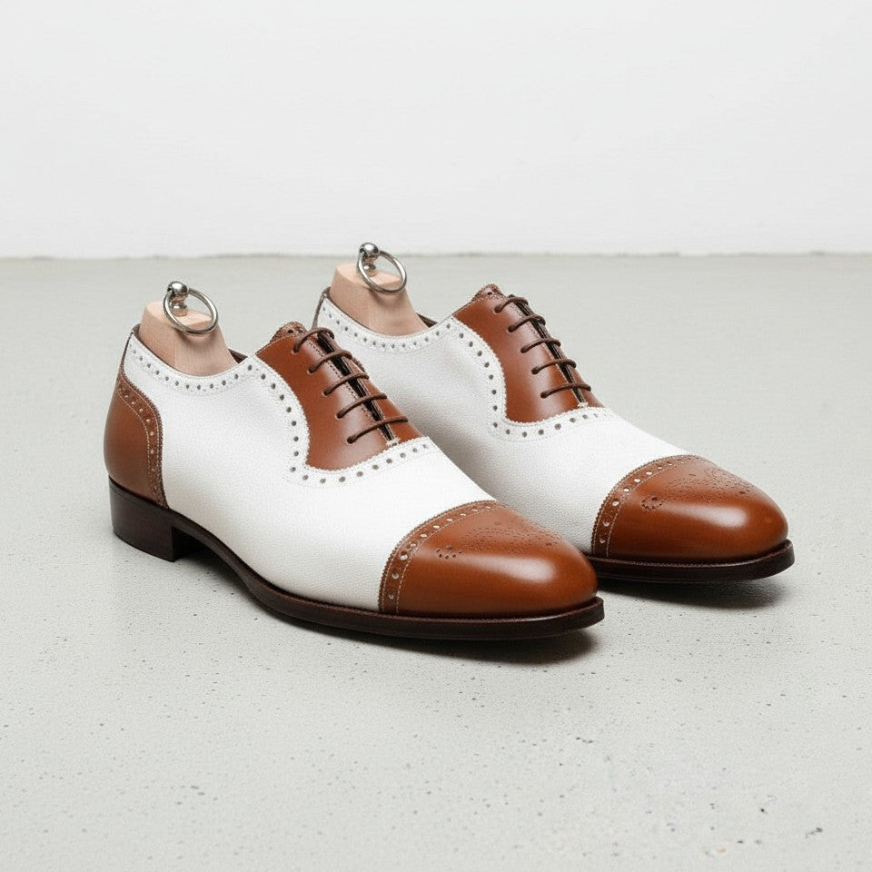Handmade Men's Two Tone Formal Shoes - Men's Brown and White Spectator Shoes