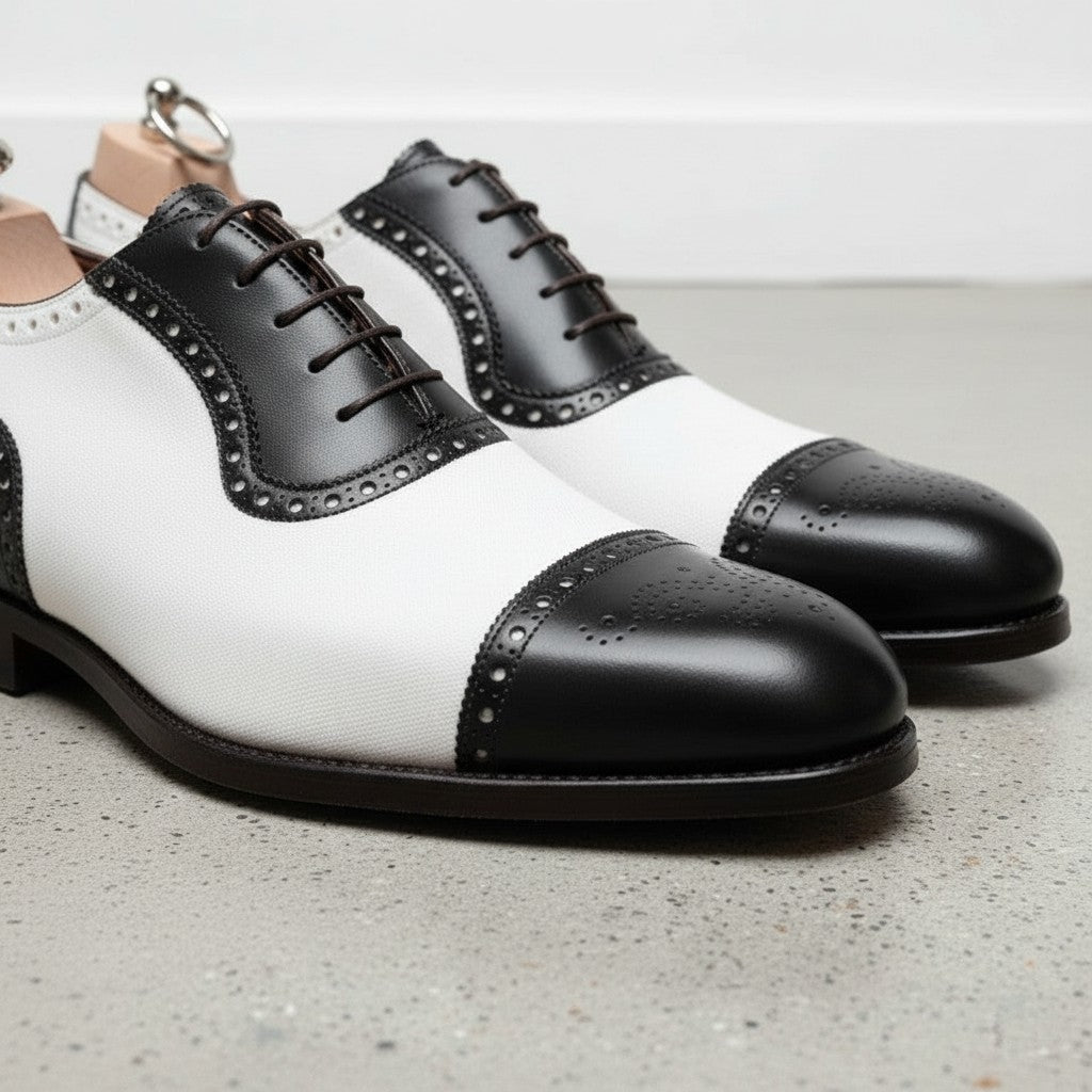 Handmade Mens Two Tone Formal Shoes, Black and White Spectator Shoes