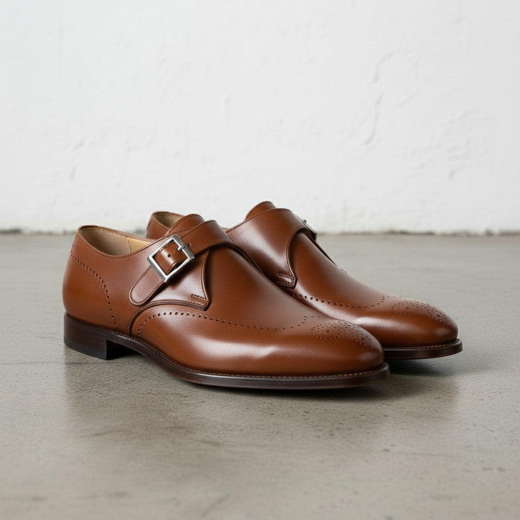 Men's Brown Plain-Toe Leather Monk Strap Shoes
