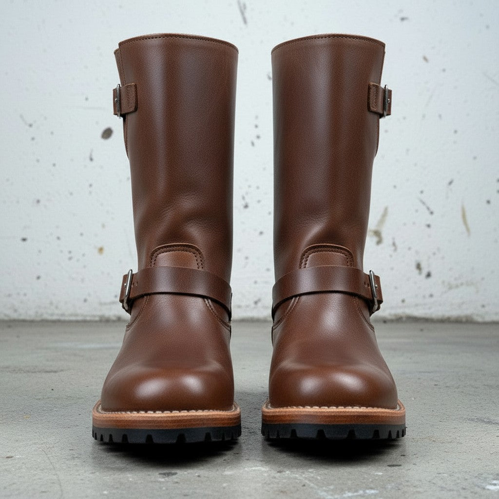 Men's Brown Buckle Leather Biker Boots