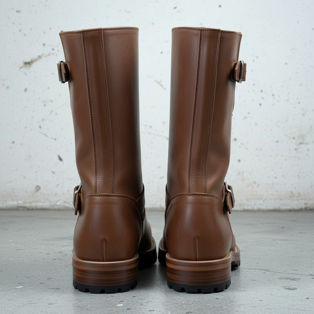Men's Brown Buckle Leather Biker Boots