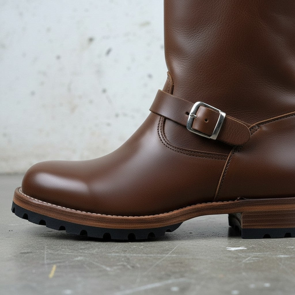 Men's Brown Buckle Leather Biker Boots