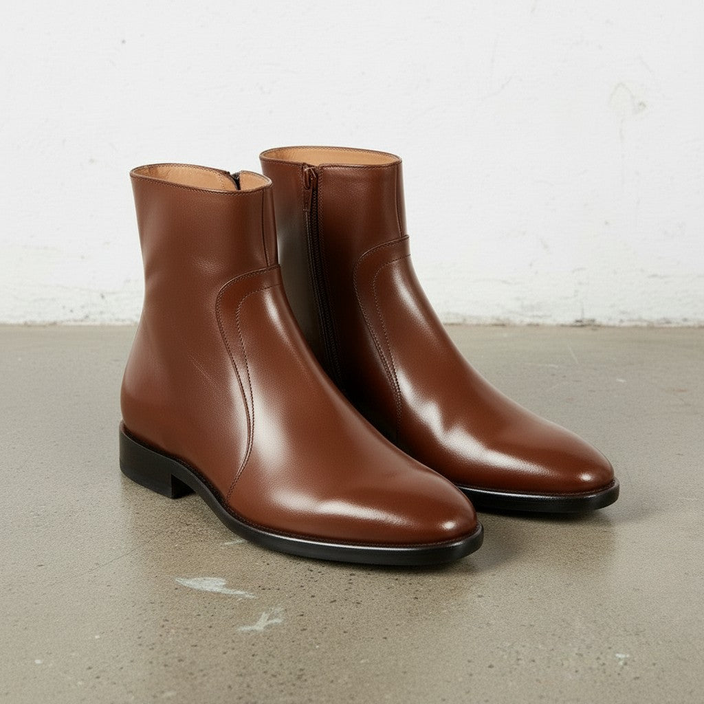 Men's Brown Plain-Toe Leather Ankle Boots