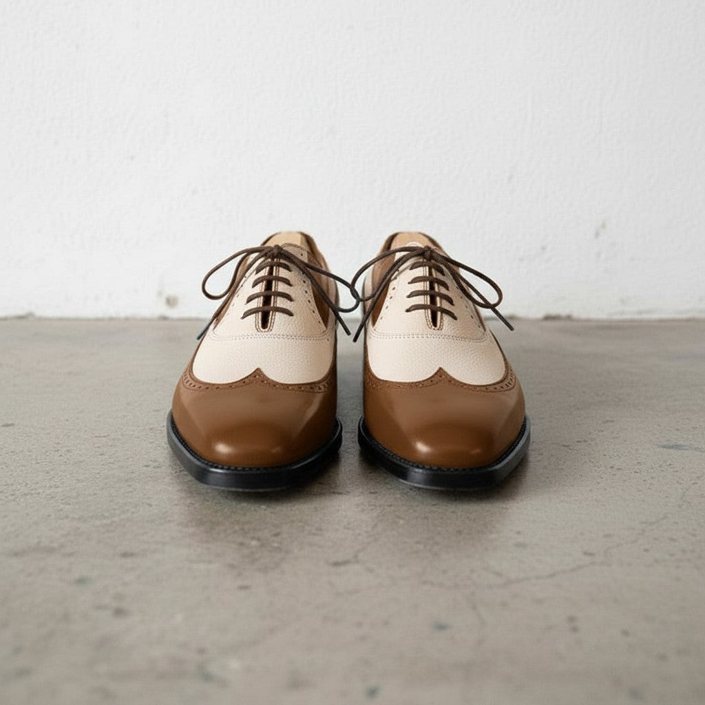 Brown and Cream Two-Tone Wingtip Leather Spectator Oxfords