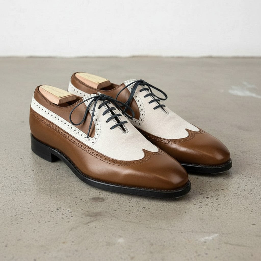 Brown and Cream Two-Tone Wingtip Leather Spectator Oxfords