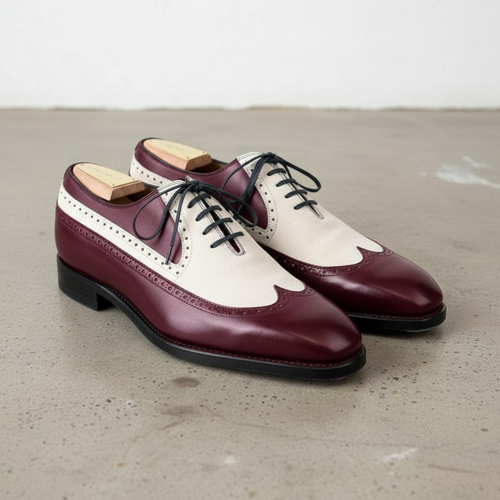 Burgundy and Cream Two-Tone Wingtip Leather Spectator Oxfords