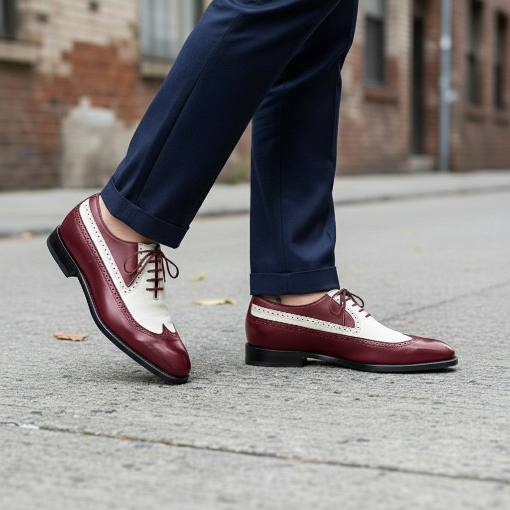 Burgundy and Cream Two-Tone Wingtip Leather Spectator Oxfords