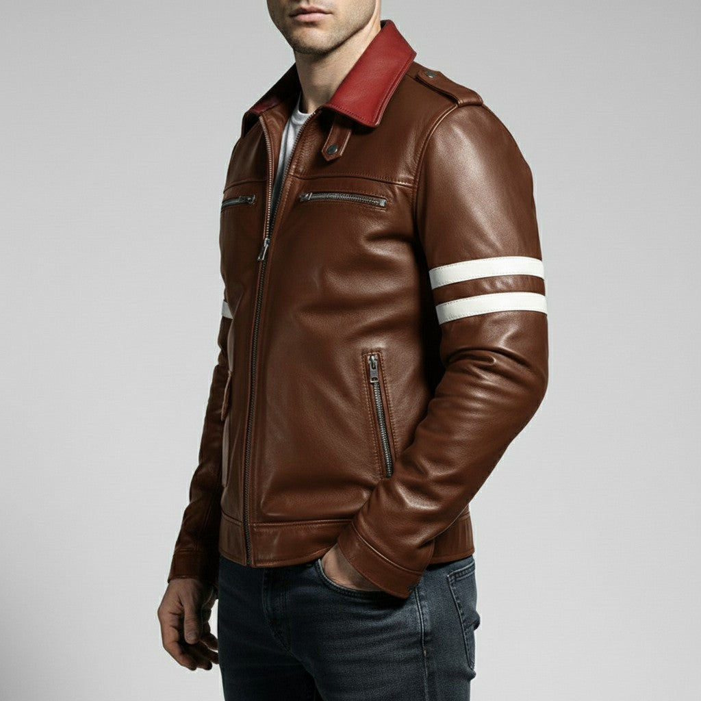 Men's Brown Embroidered Full-Grain Leather Jacket