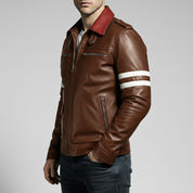 Men's Brown Embroidered Full-Grain Leather Jacket