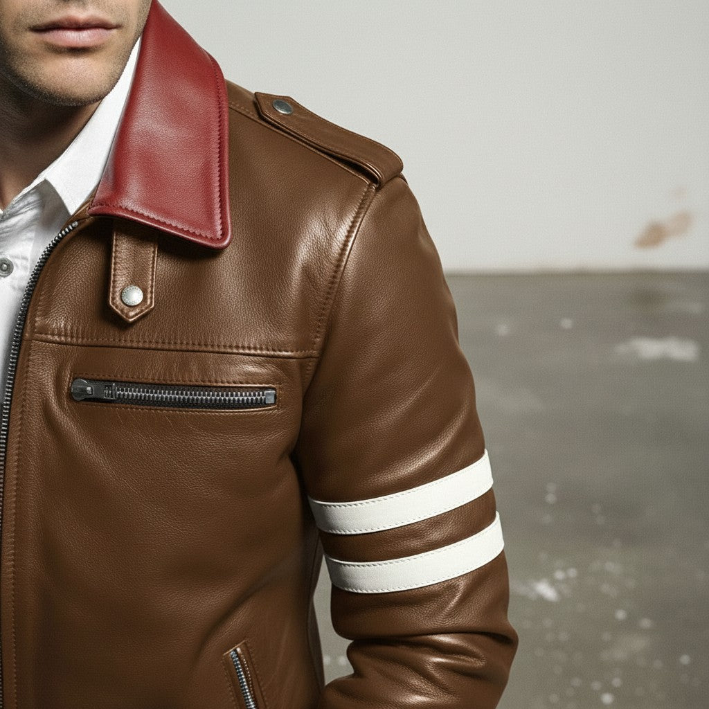Men's Brown Embroidered Full-Grain Leather Jacket
