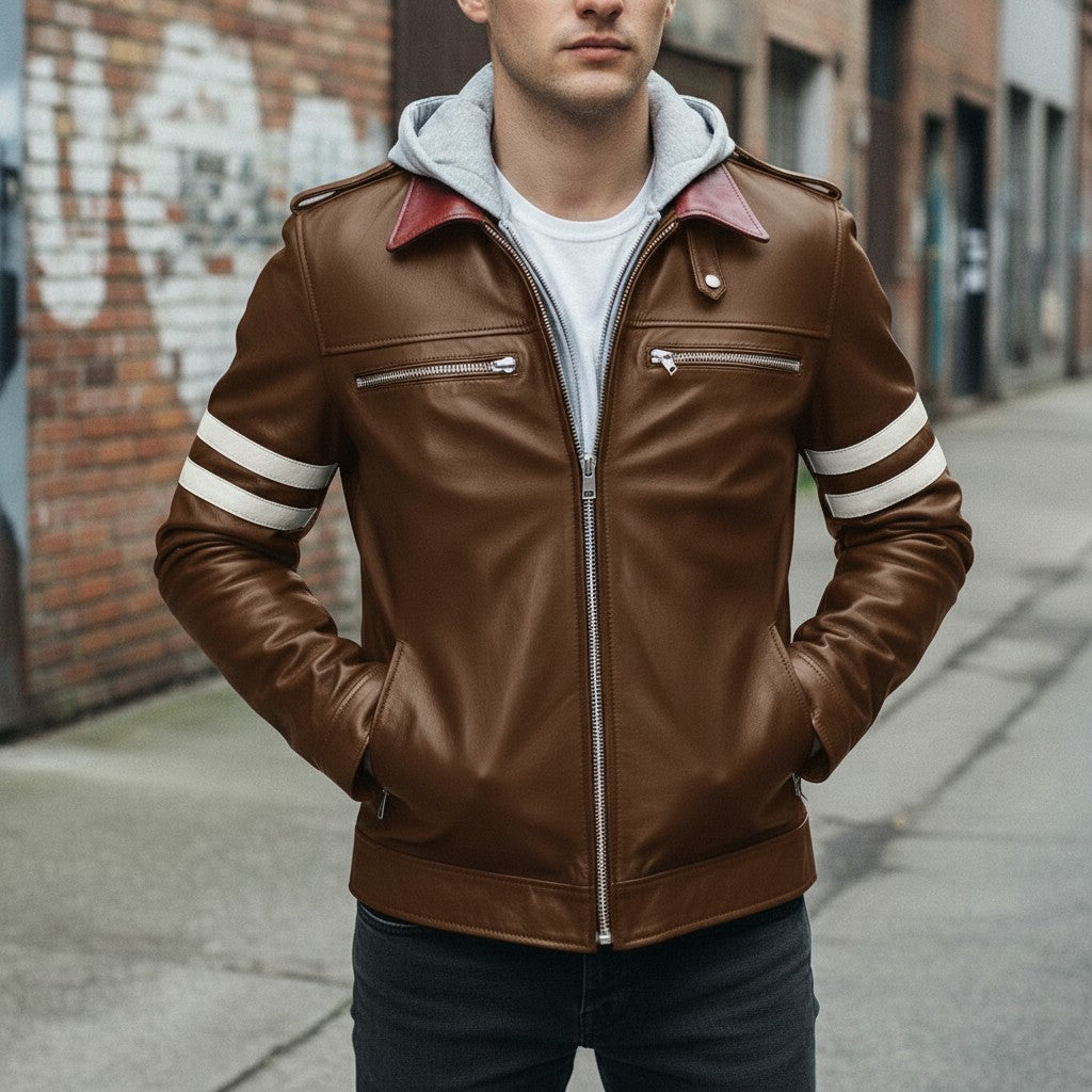 Men's Brown Embroidered Full-Grain Leather Jacket
