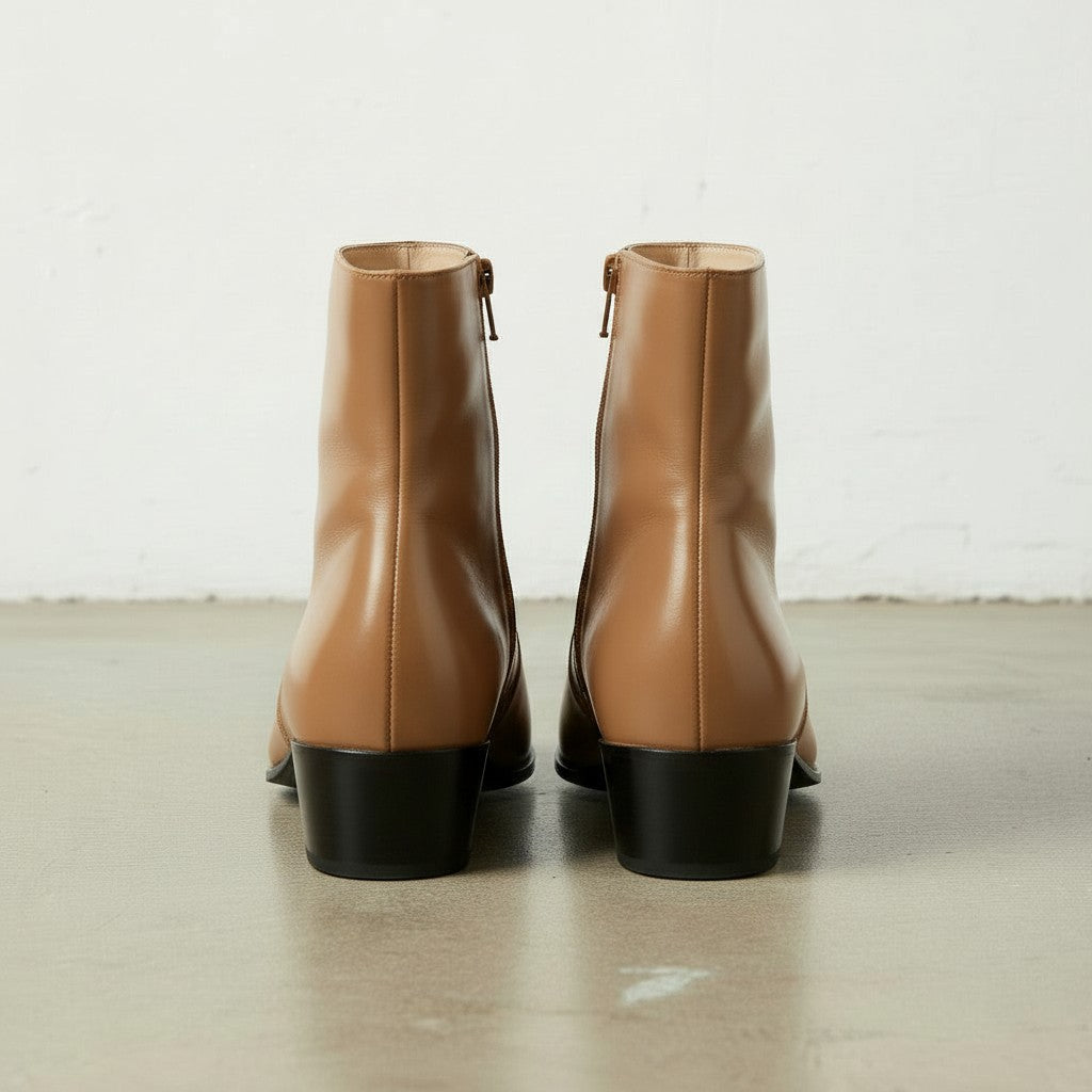 Men's Tan Plain-Toe Leather Ankle Boots