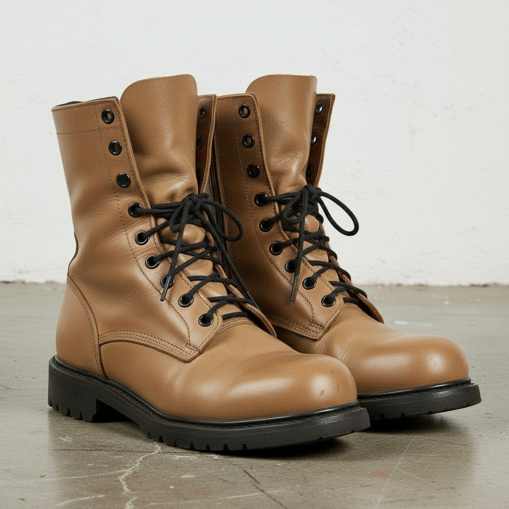Men's Tan Plain-Toe Leather Biker Boots