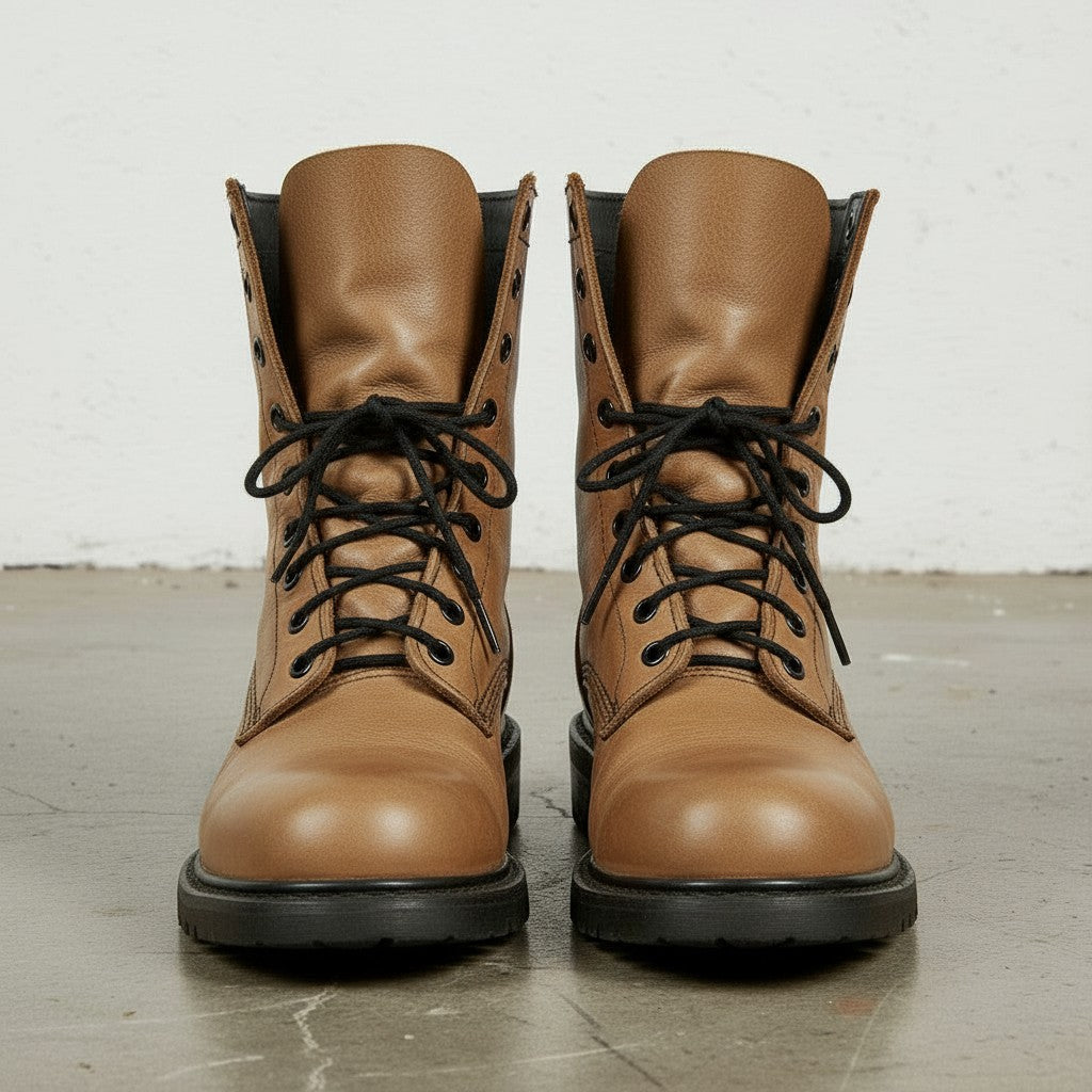 Men's Tan Plain-Toe Leather Biker Boots