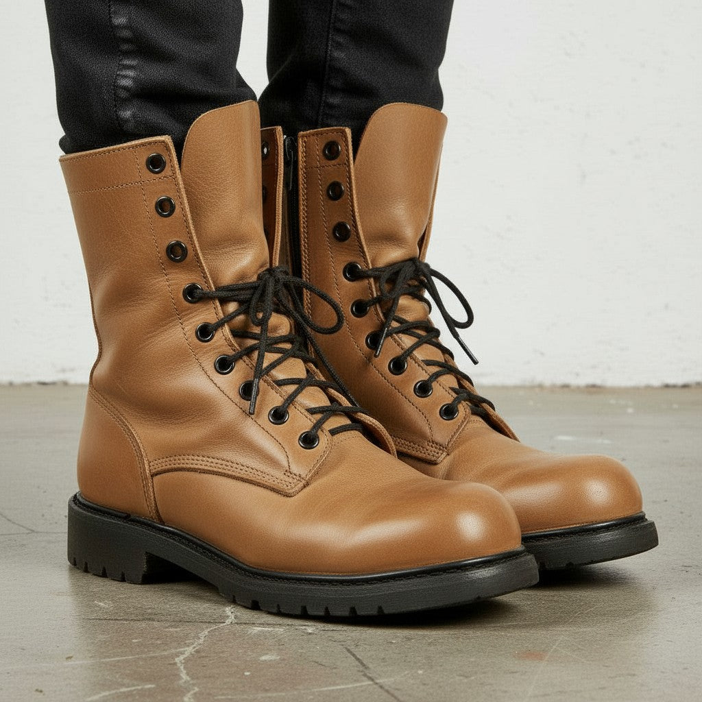 Men's Tan Plain-Toe Leather Biker Boots