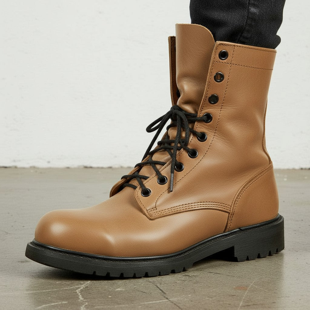 Men's Tan Plain-Toe Leather Biker Boots