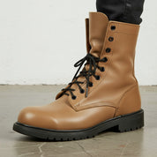 Men's Tan Plain-Toe Leather Biker Boots
