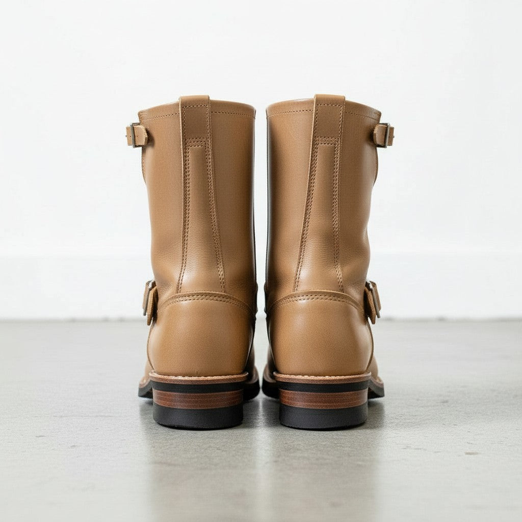 Men's Tan Plain-Toe Leather Biker Boots