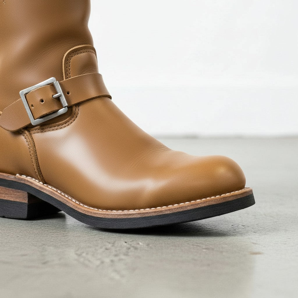 Men's Tan Plain-Toe Leather Biker Boots