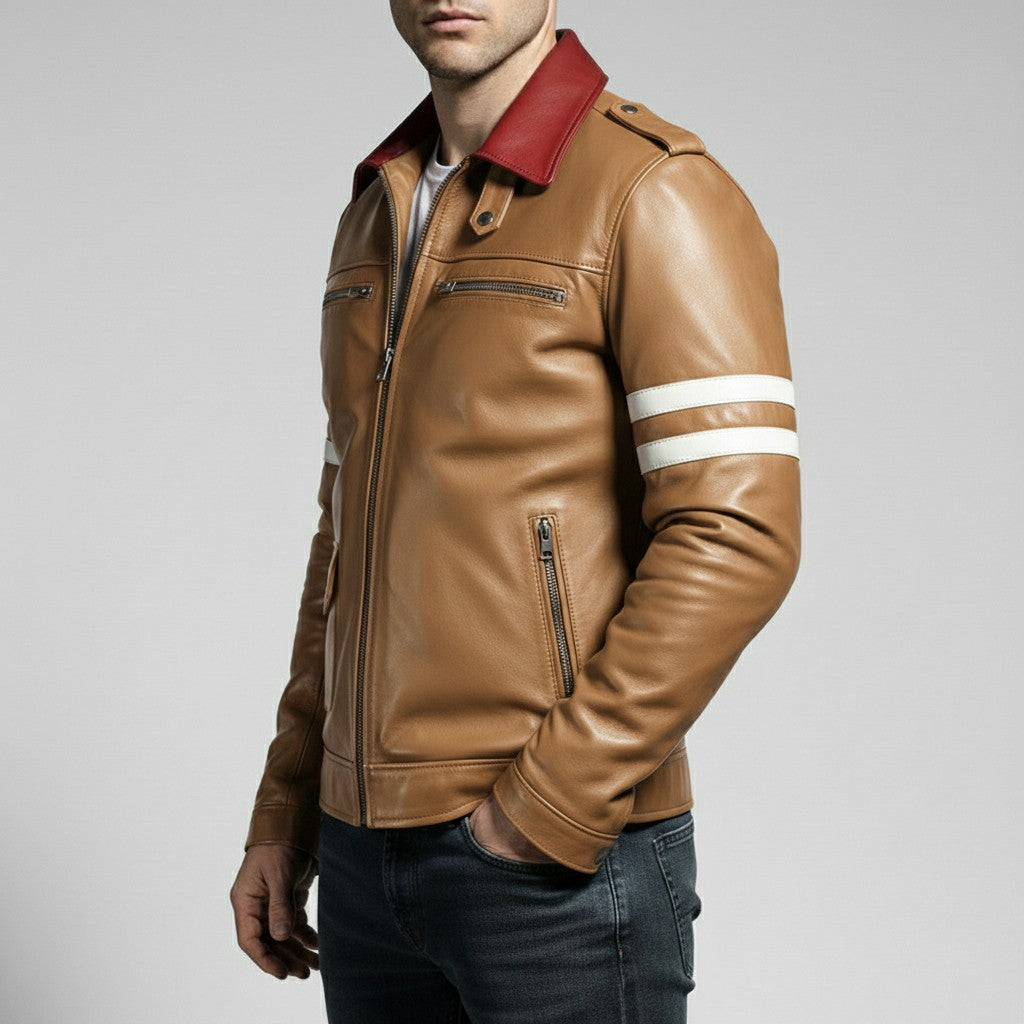 Men's Tan Embroidered Full-Grain Leather Jacket