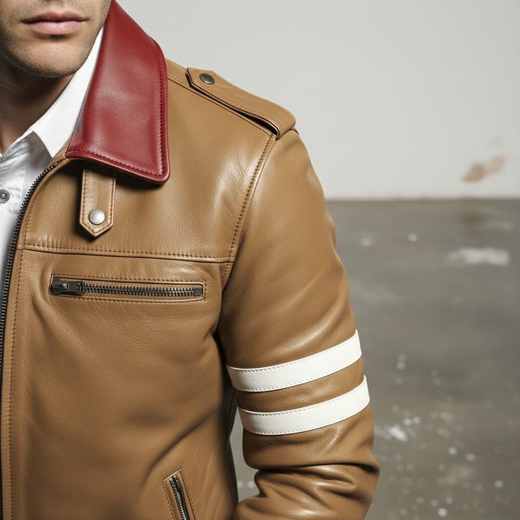Men's Tan Embroidered Full-Grain Leather Jacket