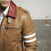 Men's Tan Embroidered Full-Grain Leather Jacket